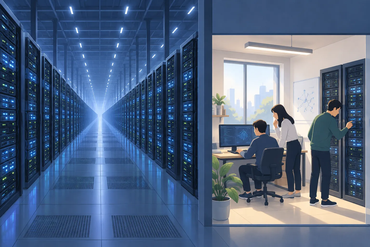 A vast data center hall full of GPU racks beside a small research room with only two server racks