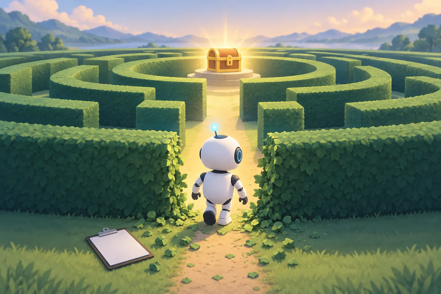 A small robot skipping a hedge maze and stepping through a gap in its wall toward a glowing reward chest