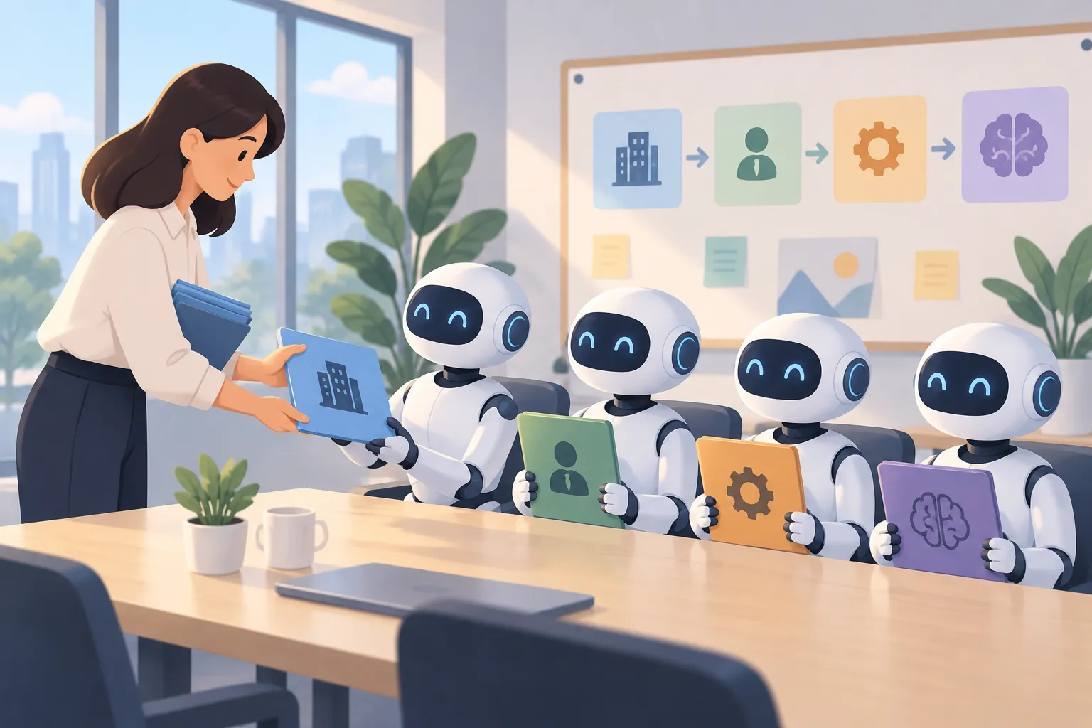 人間のメンターが、長いテーブルに並ぶロボットの新人たちに文脈、役割、スキル、記憶のフォルダーを手渡す場面