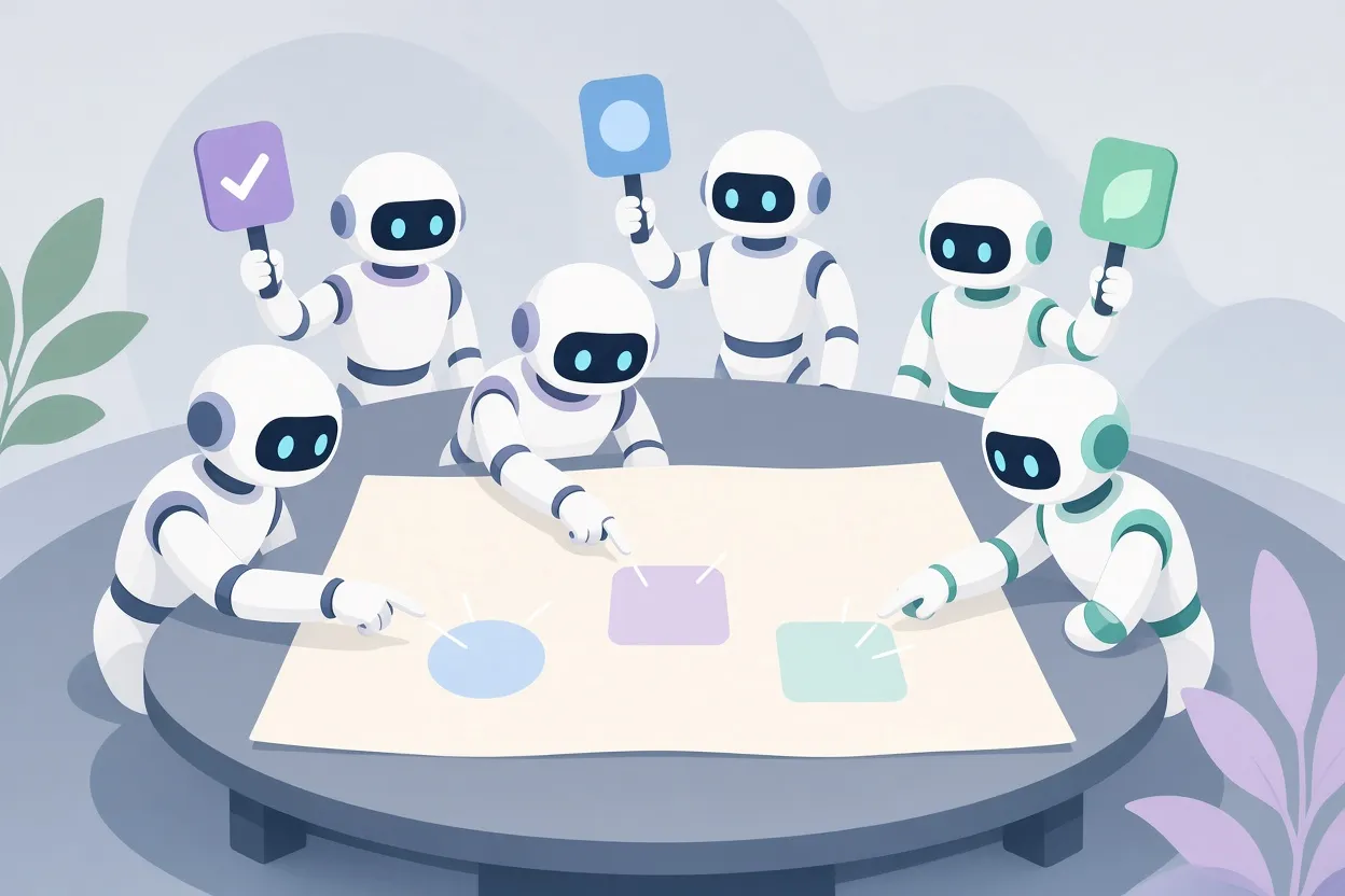 大きな紙の上の印を指さす小さなロボットたちと、その後ろで投票用のパドルを掲げるロボットたち