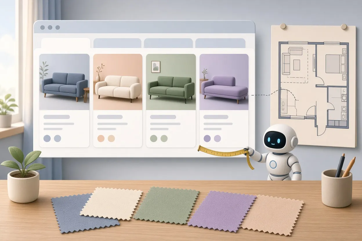 Robot assistant measuring sofas shown in four browser tabs against an apartment floor plan pinned beside the screen