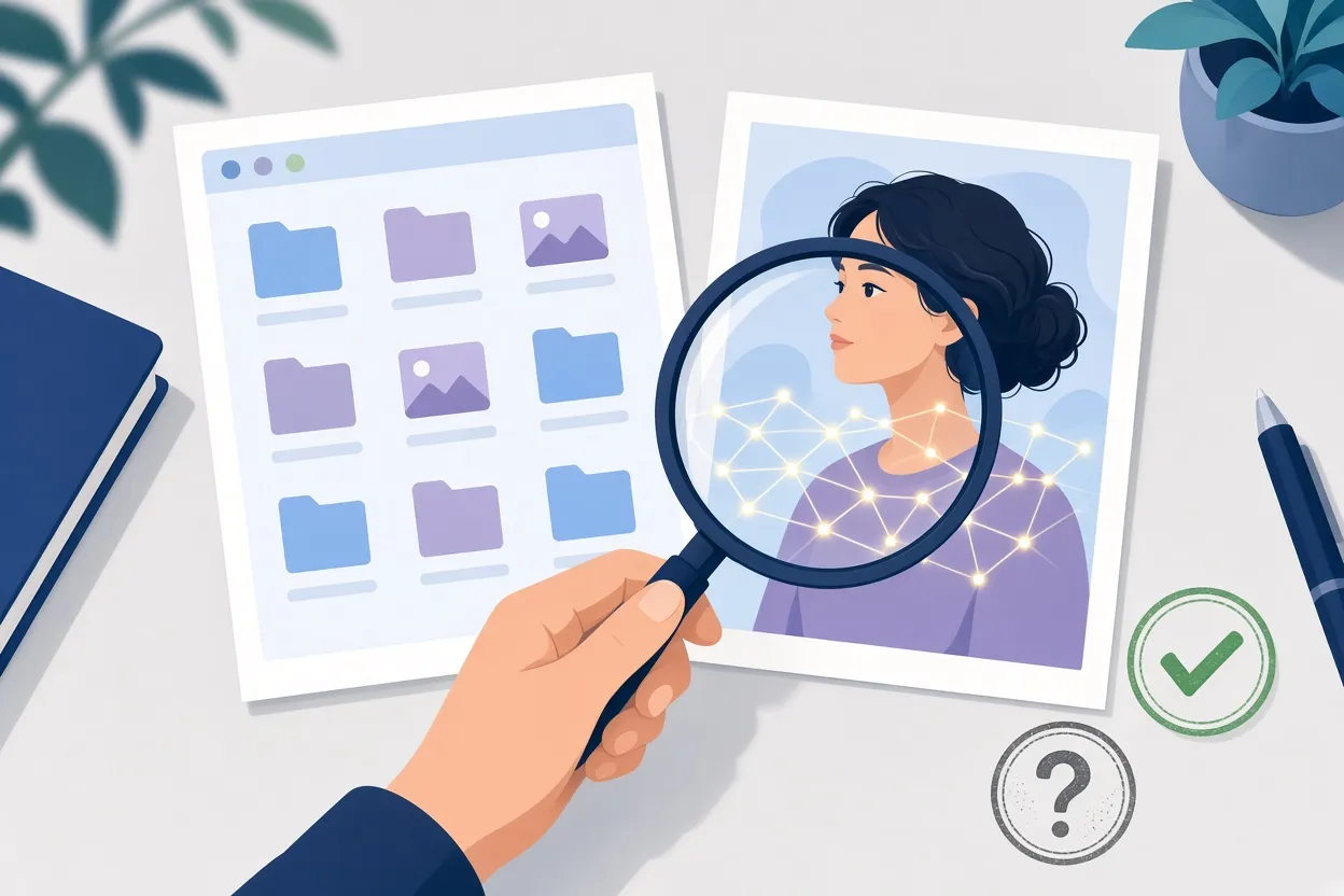 Magnifying glass over a desktop screenshot and a portrait, revealing a faint hidden pattern in the portrait