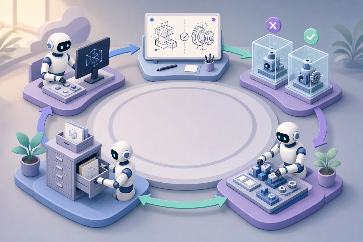 Robots move around five workstations in a ring, testing repair plans one at a time before assembling approved parts