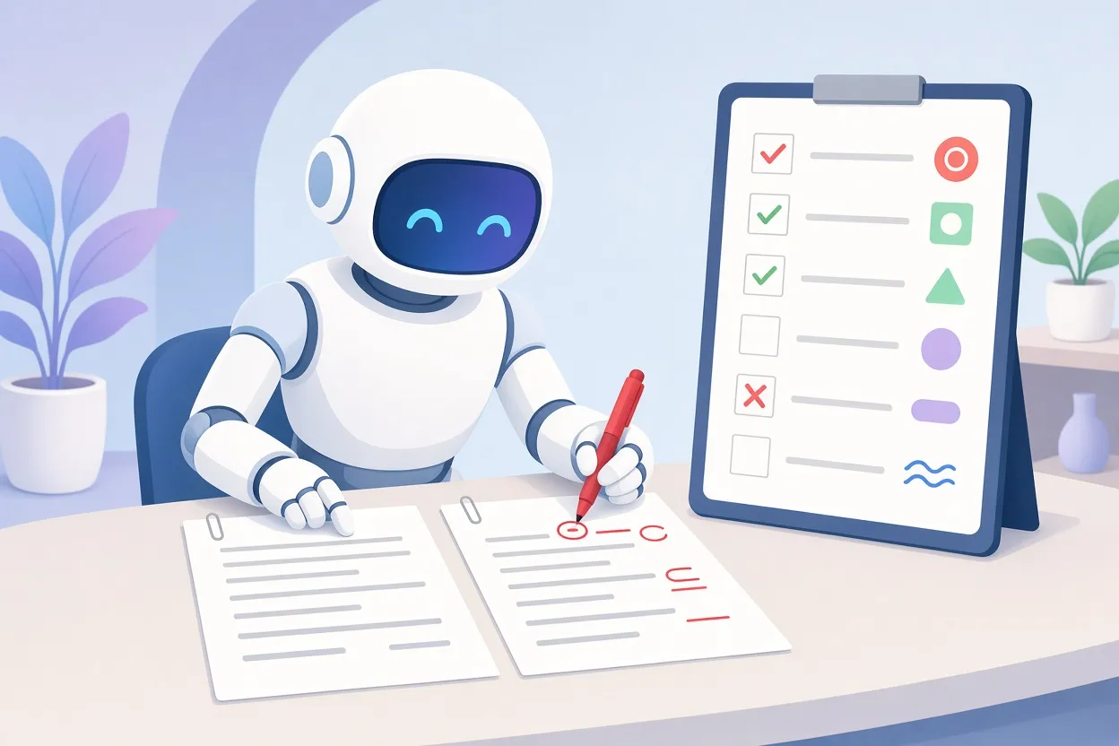 A robot compares two legal documents line by line with a red pen beside a checklist with a few new ticks