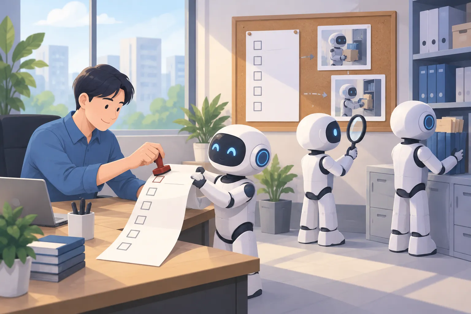 A robot hands a step-by-step plan to a worker for approval while a second robot checks its actions against the plan