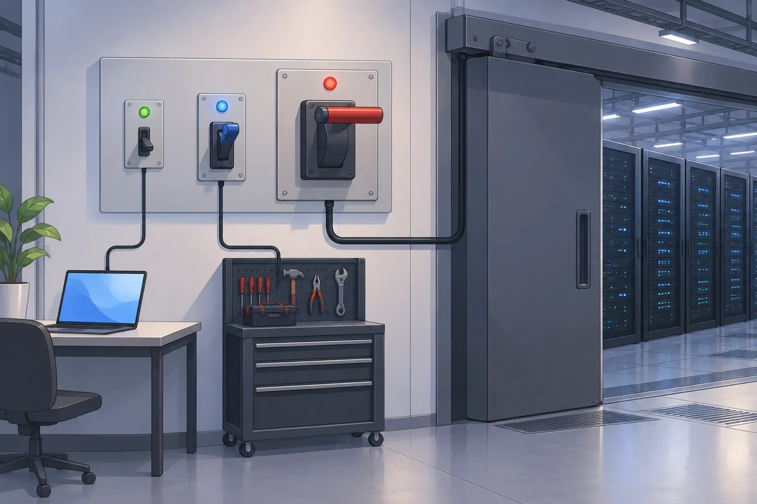 A server room control panel with three switches that cut off a laptop, a tool cabinet or the entire server room