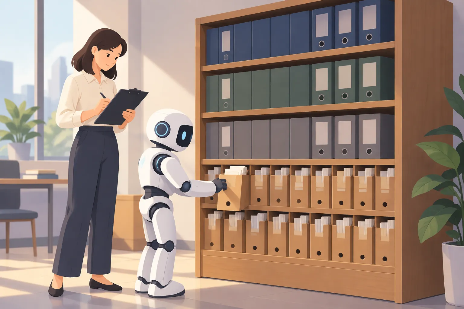 大きなバインダーが3段に並ぶ棚から、ロボットが小さなファイルボックスを取り出し、そばで人がクリップボードに書き込む様子