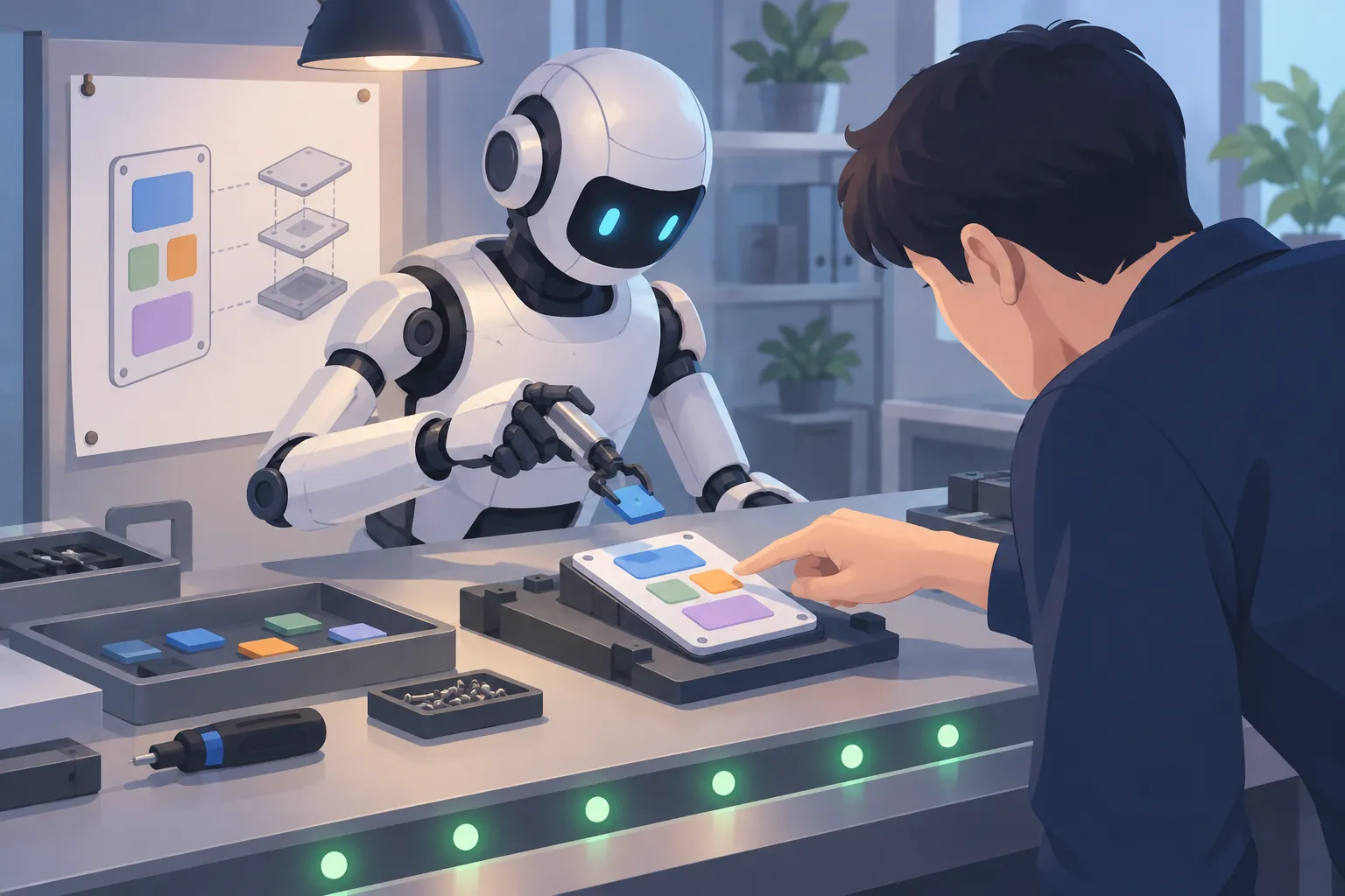 壁に留めた指示書を見ながらロボットがアプリのパネルを組み立て、緑のテストランプが光る中で人がタップして確かめる様子