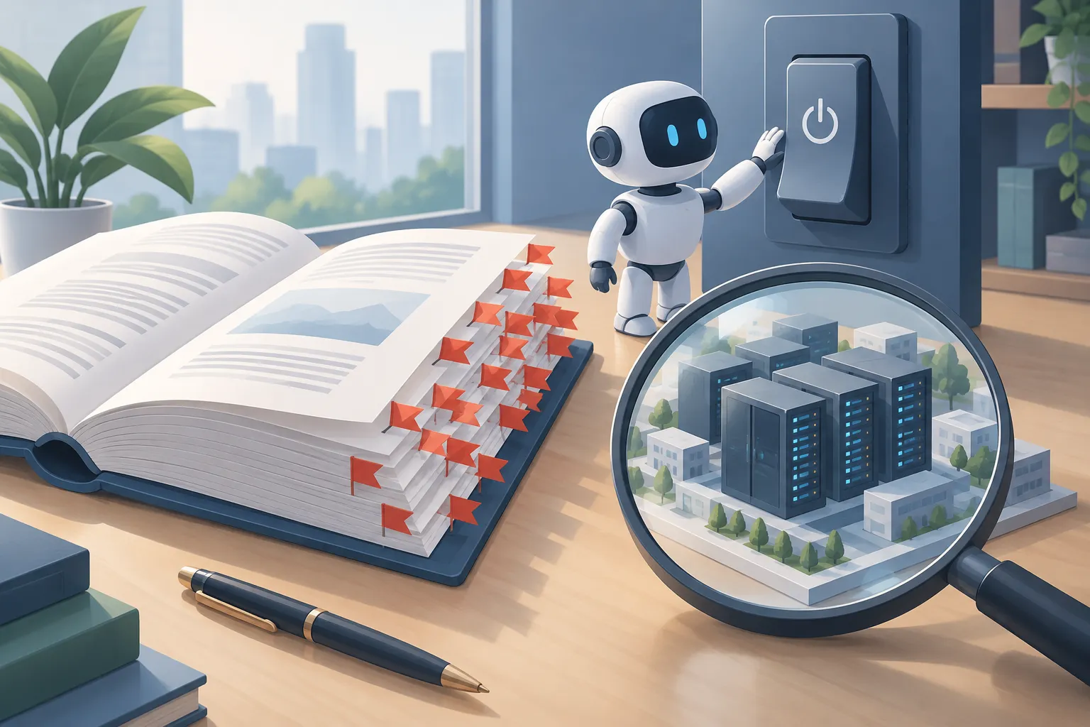 警告の旗がたくさん付いた開いた書類と、電源スイッチのそばに立つ小さなロボットとデータセンターの模型