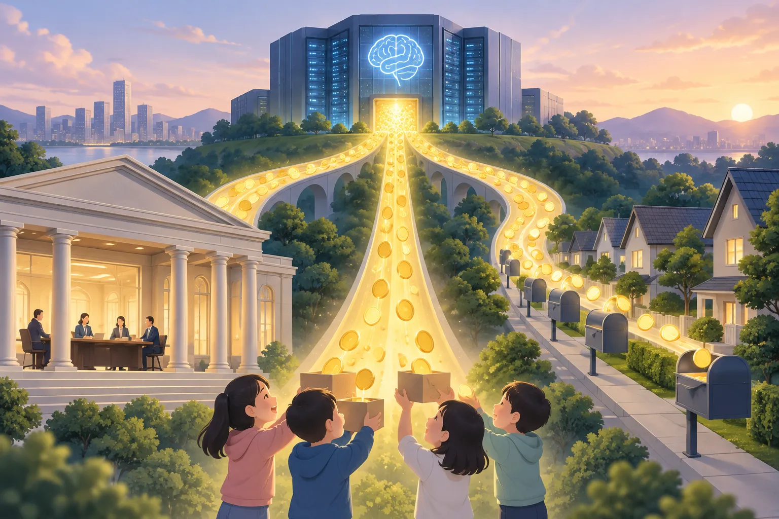 A stream of coins from a hilltop data center splits toward a foundation, a group of children, and household mailboxes