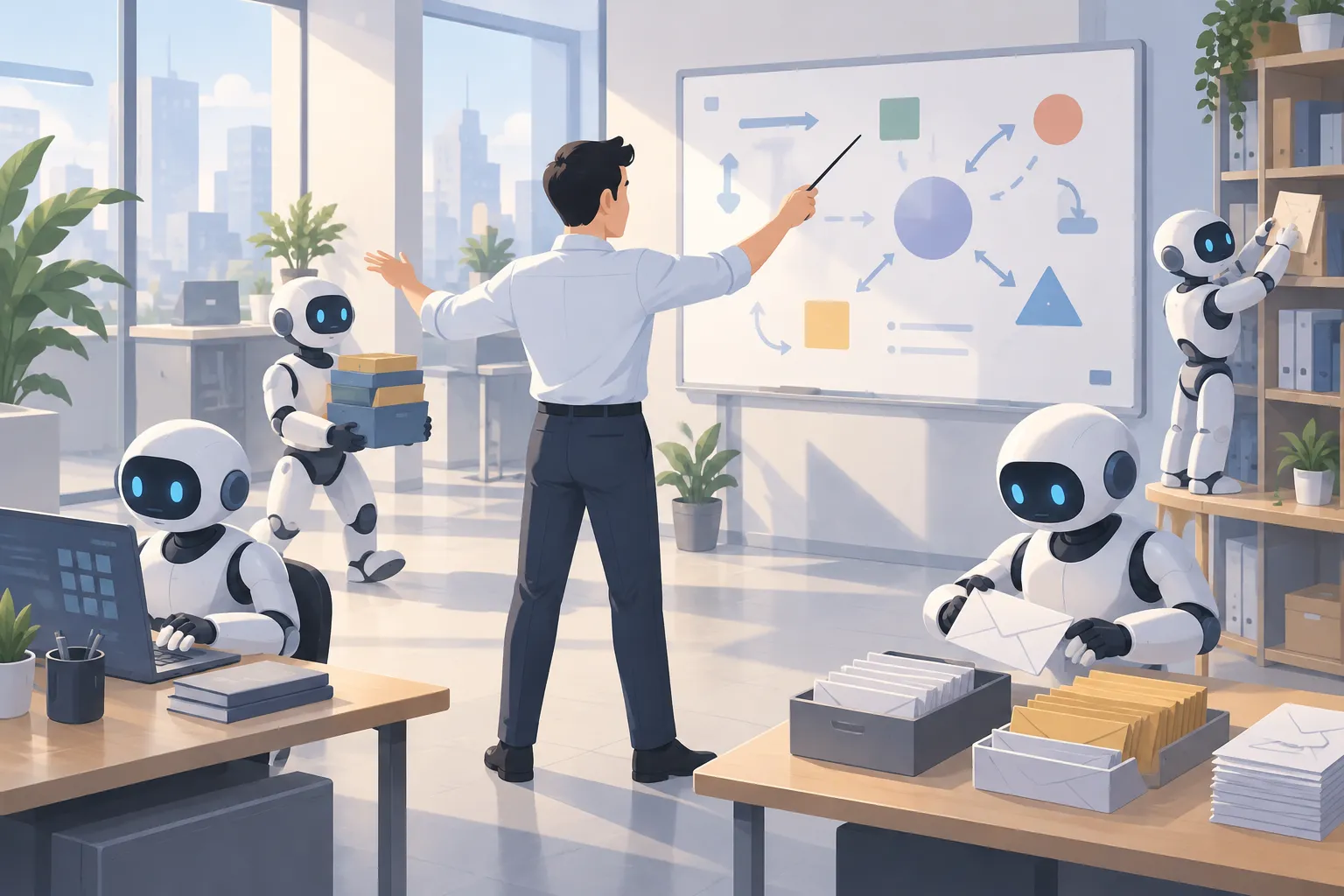 An office worker conducts several small robots that type, sort mail, carry folders, and gather papers