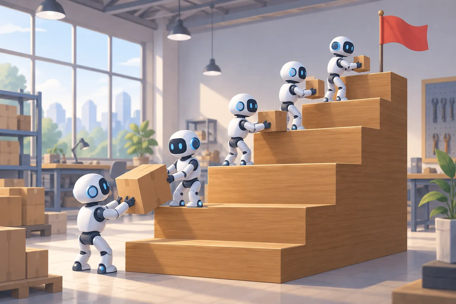 Small robots passing boxes up a five-step wooden staircase toward a single flag planted on the top step