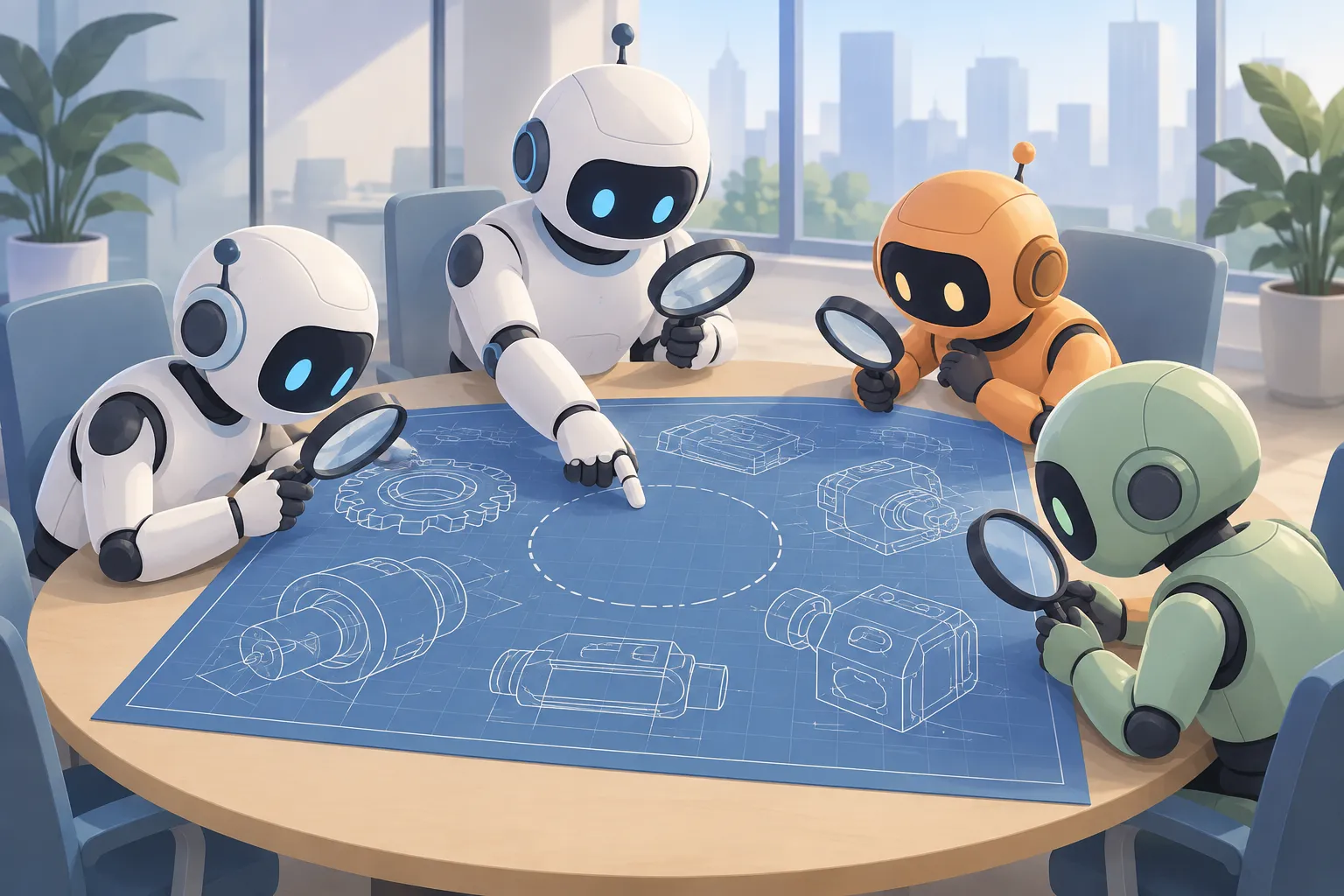 Four small robots around a round table inspecting one blueprint with magnifying glasses, one pointing at a gap